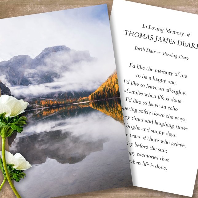 Tarjetas de oración para el Día de la Moda Funeral (misty lake, celebration of life, in loving memory of, prayer cards for bereavement)