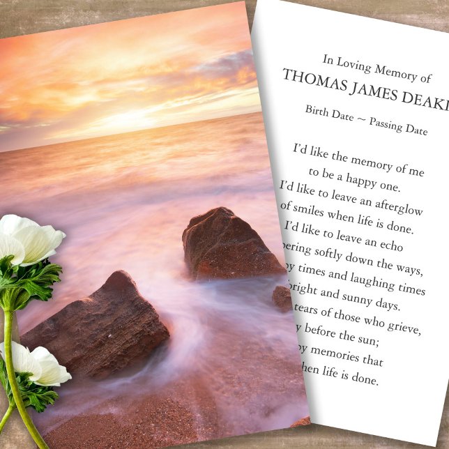 Tarjetas de oración para el Funeral Hermoso Maríti (sunset, sunrise, beach, celebration of life, in loving memory of, prayer cards for bereavement)