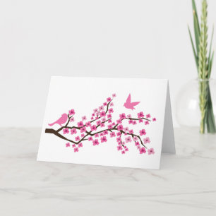 Tarjetas de pájaros bonitos en rama de flor de cer