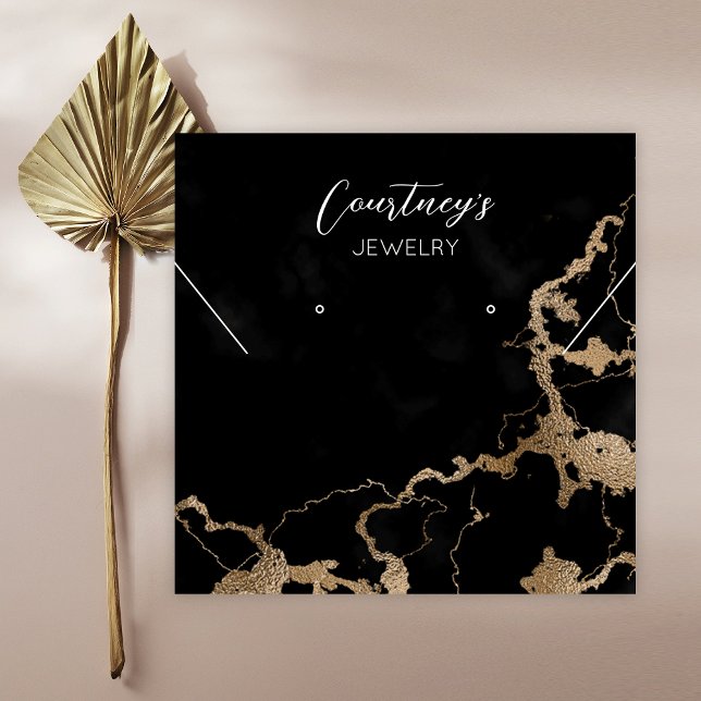Tarjetas de pantalla de joyería de mármol negro y  (Black marble and gold glitter square jewelry display tags)