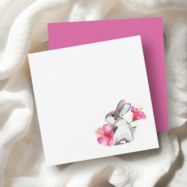 Tarjetas de Pascua Acuarela Bonita Conejito Conejo (Watercolor bunny notecards with pink hibiscus flower art by Victoria Grigaliunas of Do Tell A Belle)