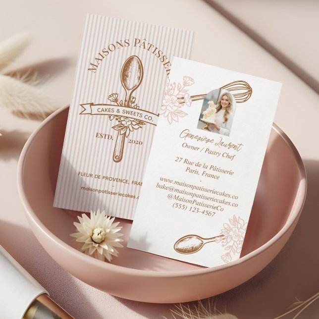 Tarjetas de pastel de cuchara floral de raya rosa  (Pink Stripe Floral Spoon Pastry Cakes Bakery Chef Business Card)