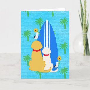 Tarjetas de perros surfistas con gaviotas y flores