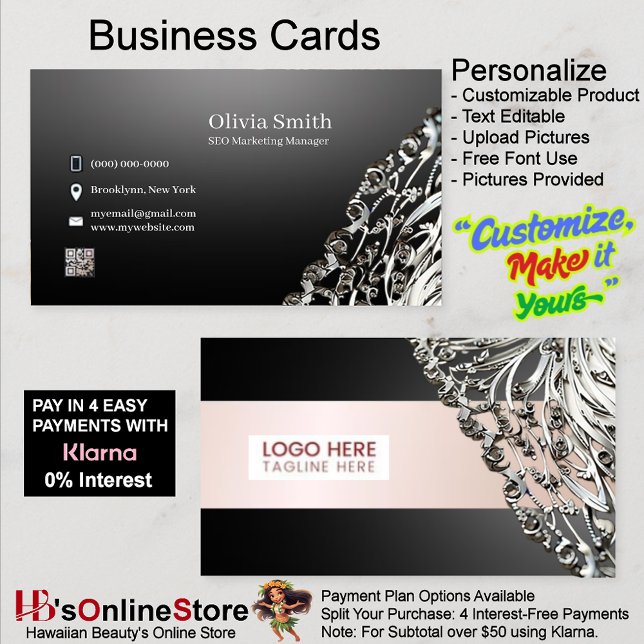 Tarjetas de personalizable editable elegante para  (Customizable Editable Elegant Black Business Cards.)