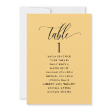 Tarjetas de plan de asientos amarillas con nombres