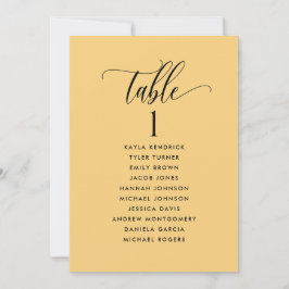 Tarjetas de plan de asientos amarillas con nombres