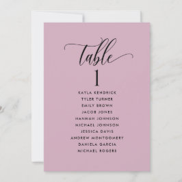 Tarjetas de plan de asientos malvas con nombres de