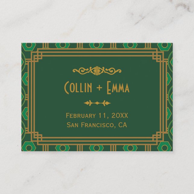 Tarjetas de plaza Boda Art Deco Verde (Anverso)