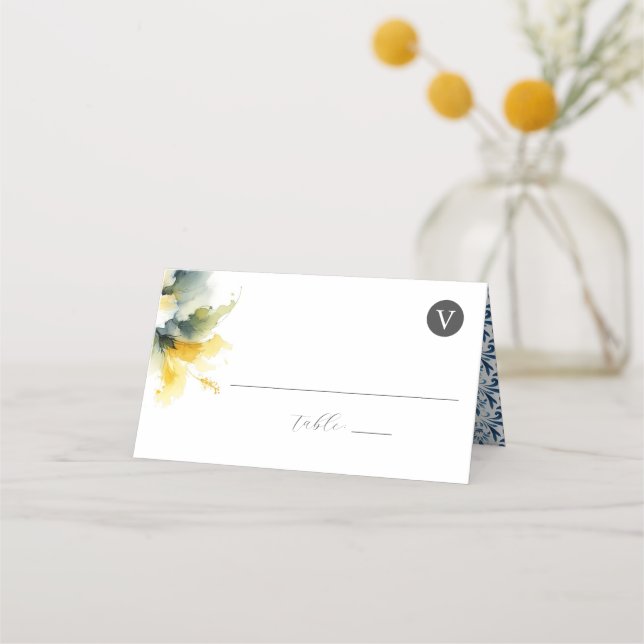 Tarjetas de plaza boda azules y amarillas (Reverso)