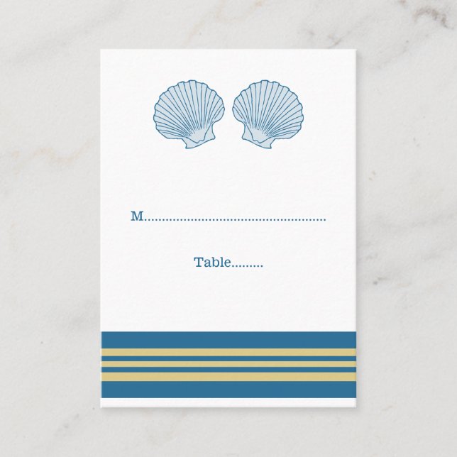Tarjetas de plaza Boda Blue Gold Nautical Seashell (Anverso)