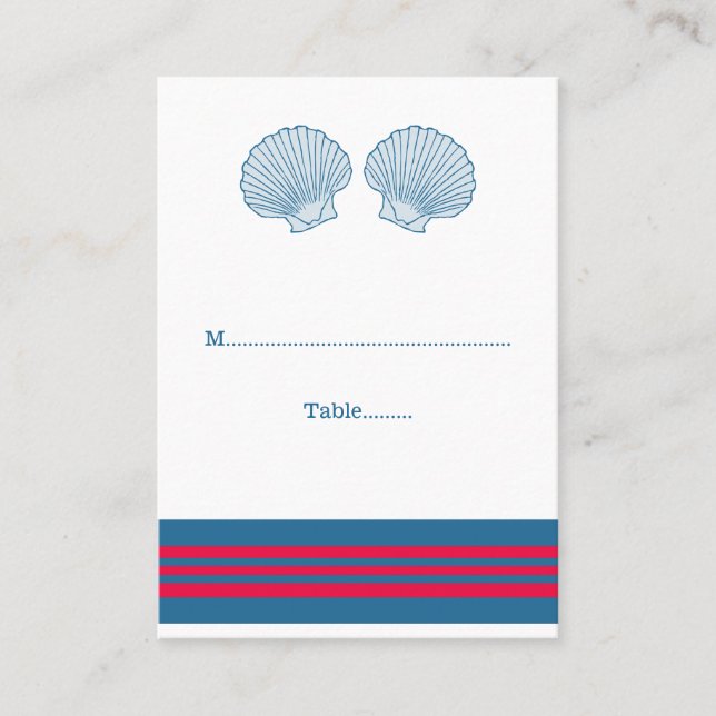 Tarjetas de plaza Boda Blue Red Nautical Seashells (Anverso)