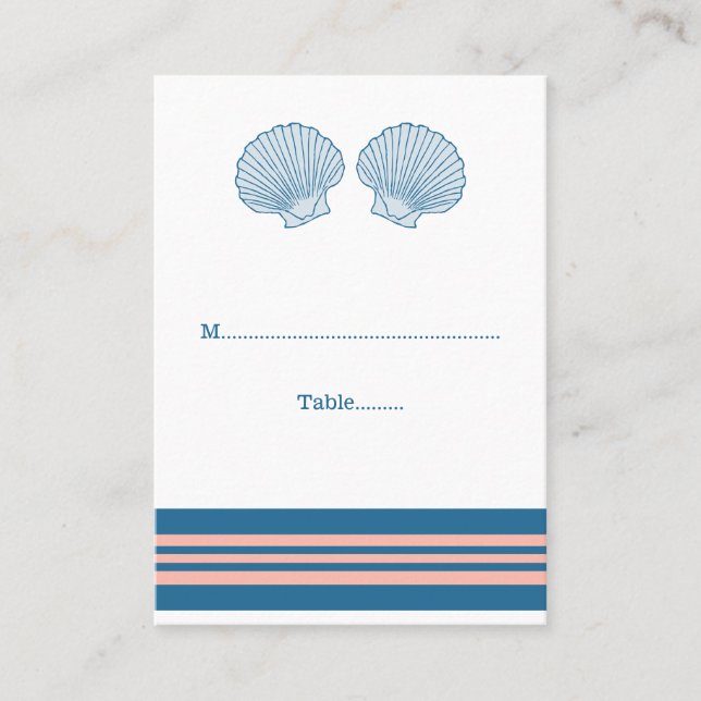 Tarjetas de plaza Boda Coral Náutica Azul (Anverso)