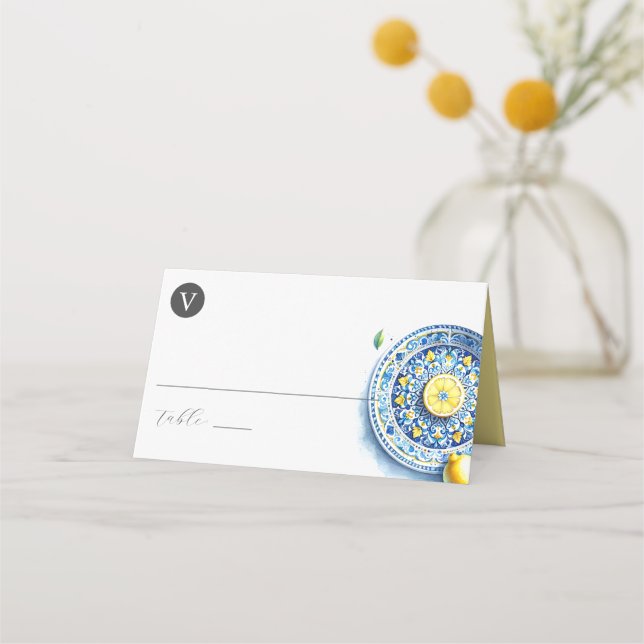 Tarjetas de plaza boda Lemons Amarillo y Azul (Anverso)