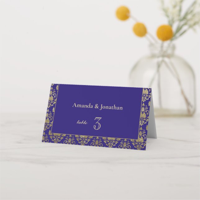 Tarjetas de plaza Boda Violet Purple y Gold Patter (Anverso)