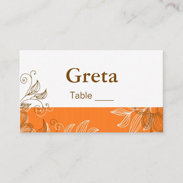 Tarjetas de plaza de mesa floral naranja y marrón (Anverso)