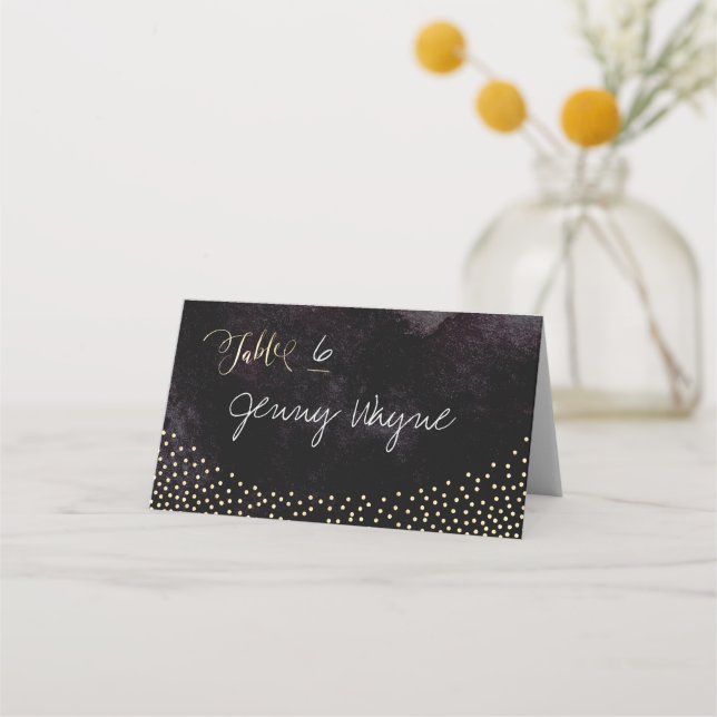 Tarjetas de plaza de purpurina de oro negro Glam (Anverso)