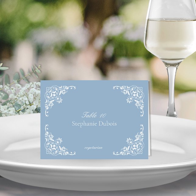 Tarjetas de plaza Dusty Blue Boda con opción de co (Elegant dusty blue and white wedding place card with meal choice from menu for romantic shabby chic)