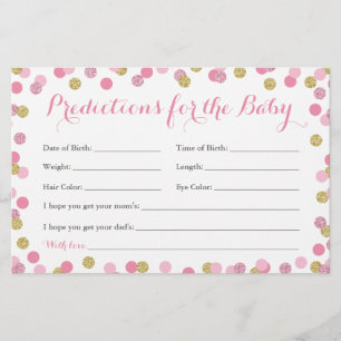 Tarjetas de predicción de bebé rosadas y doradas p