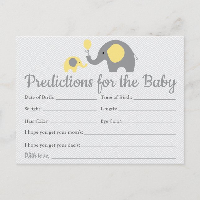 Tarjetas de predicciones para Baby Shower Elefante (Anverso)