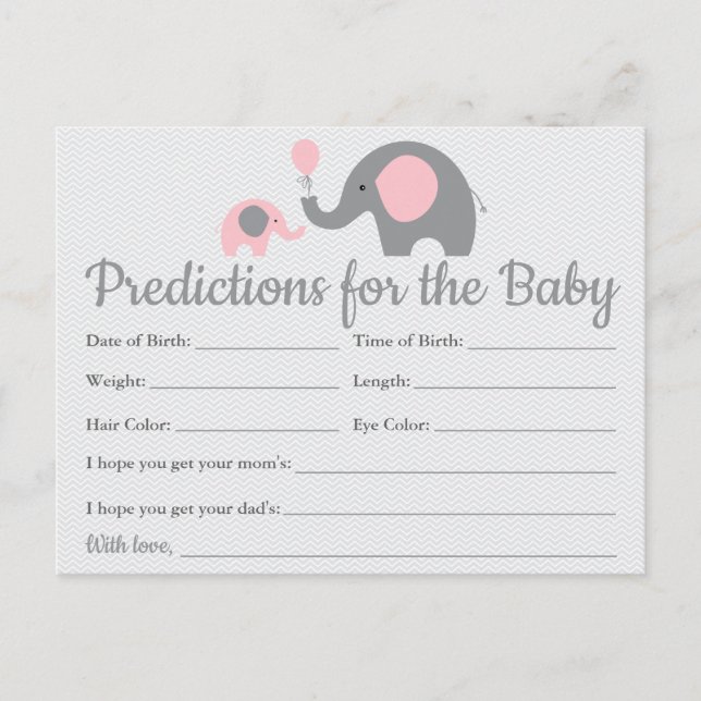 Tarjetas de predicciones para Baby Shower Pink Ele (Anverso)