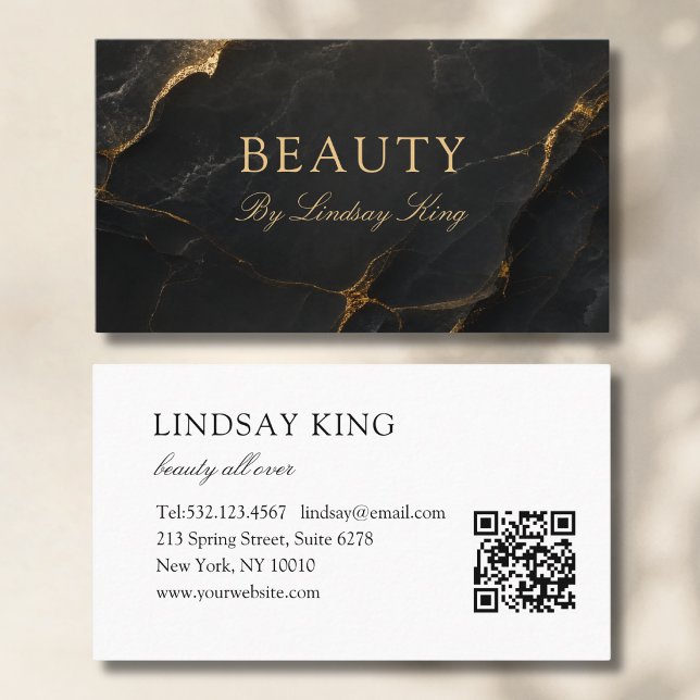 Tarjetas de presentación con código QR de mármol n (Elegant Salon Black Marble QR Code Business Cards)