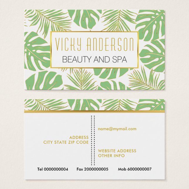 Tarjetas de presentación con hojas tropicales de c (Anverso y reverso)