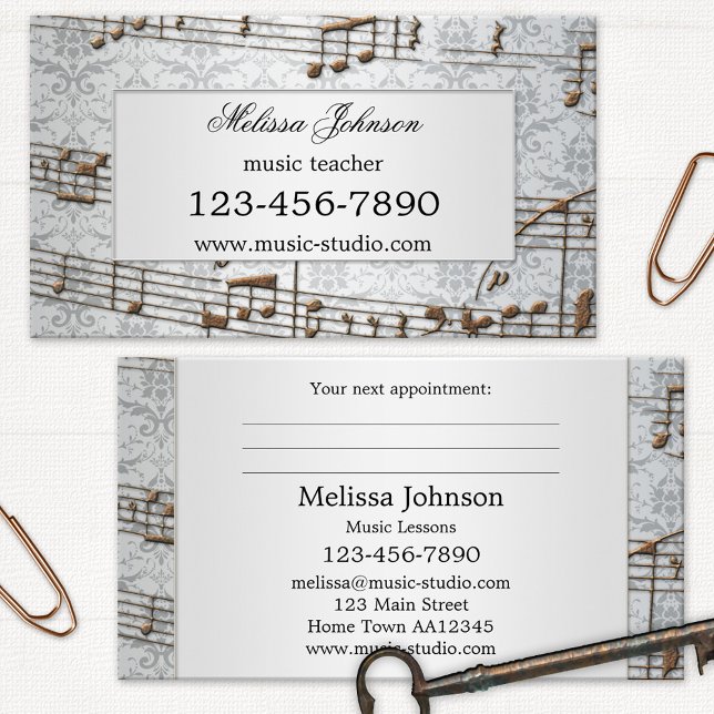 Tarjetas de presentación de citas para las leccion (Business card with a music theme featuring an elegant grey damask with metallic musical notes)