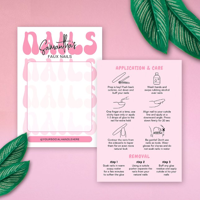 Tarjetas de presentación de cuidado de uñas acríli (Trendy faux nails display cards with care & application guide on the back)