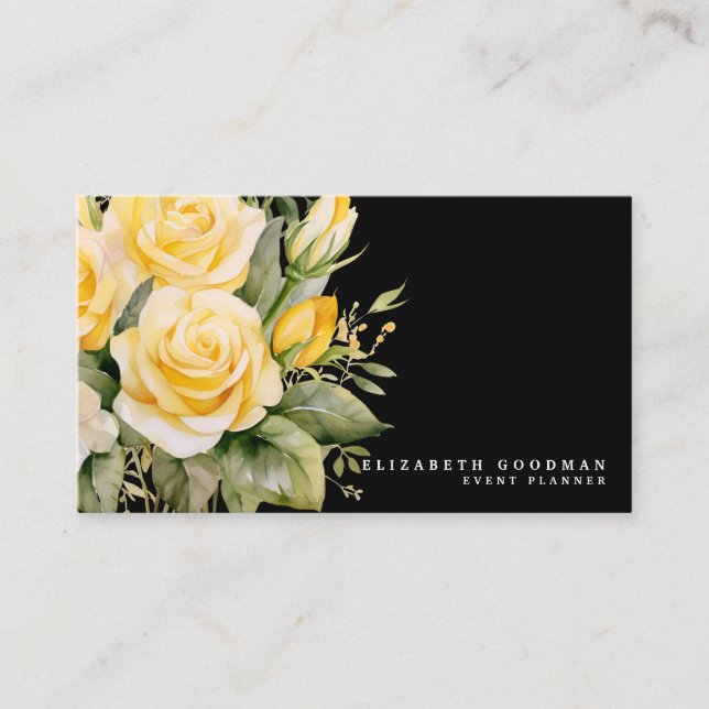 Tarjetas de presentación de flores amarillas y neg (Anverso)