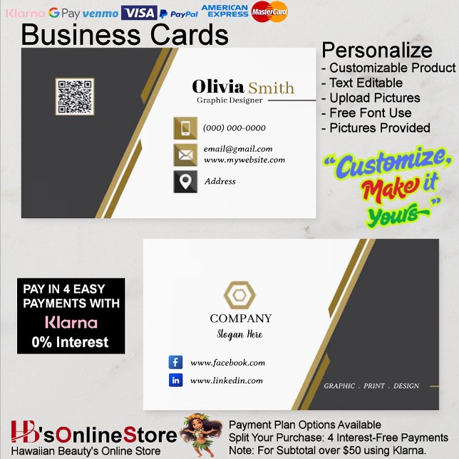Tarjetas de presentación de negocios con código QR (Black Gold & White QR Code Business Cards 33 Pack.)