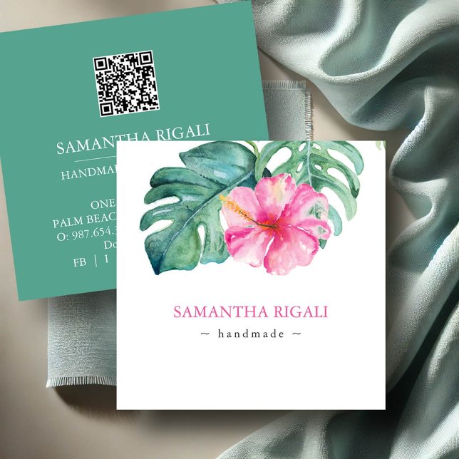 Tarjetas de presentación de negocios de flores hec (Business cards with qr-code tropical pink hibiscus flower and monstera watercolor DoTellABelle)