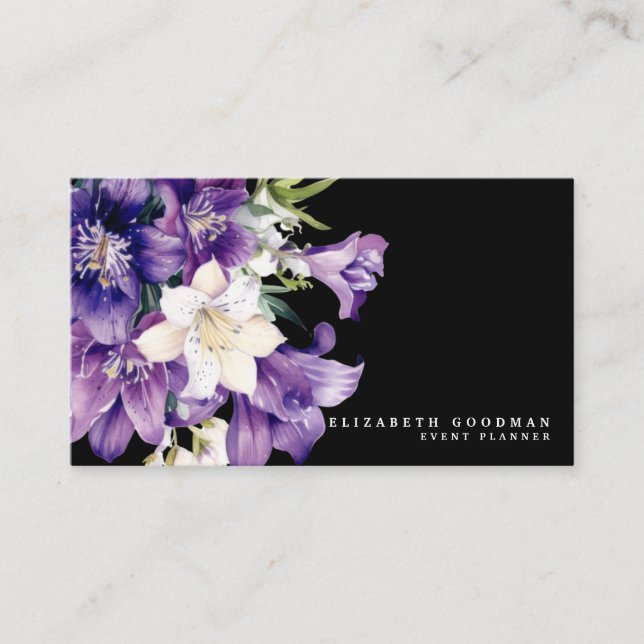 Tarjetas de presentación de negocios moradas flora (Anverso)