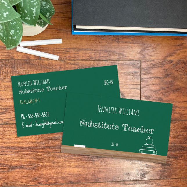 Tarjetas de presentación de profesores sustitutos  (Green chalkboard substitute teacher double-sided business cards .)