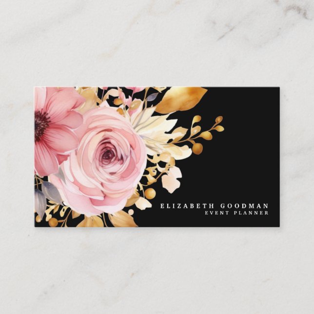Tarjetas de presentación elegantes rosa y negro (Anverso)