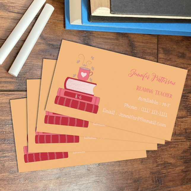 Tarjetas de presentación estándar naranja Tutor Li (Red books and cup reading teacher orange standard business card .)