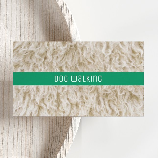 Tarjetas de presentación minimalistas para paseado (Professional Dog Walking Business Card with white fur photo and kelly green banner and modern font.)