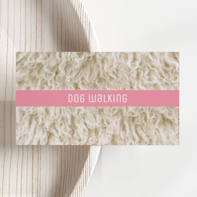 Tarjetas de presentación modernas para paseador de (Pink and white Professional Dog Walker Business card with animal fur photo and modern cute font.)