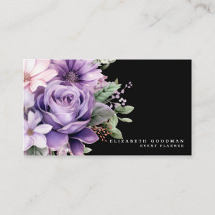 Tarjetas de presentación negras con flores moradas