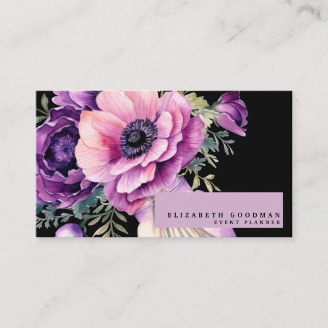 Tarjetas de presentación negras con flores rosadas (Anverso)