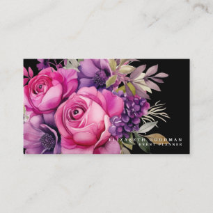 Tarjetas de presentación negras con flores rosadas