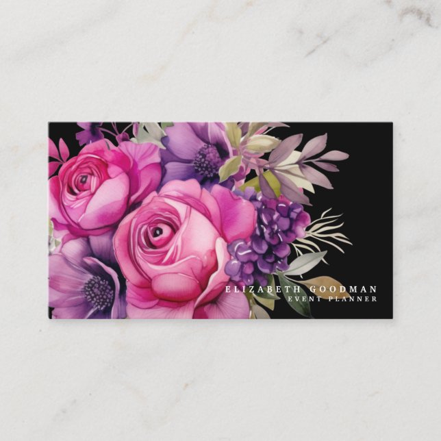 Tarjetas de presentación negras con flores rosadas (Anverso)