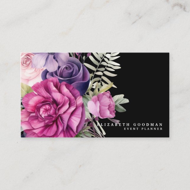 Tarjetas de presentación negras con flores rosadas (Anverso)