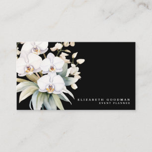 Tarjetas de presentación negras con orquídeas blan