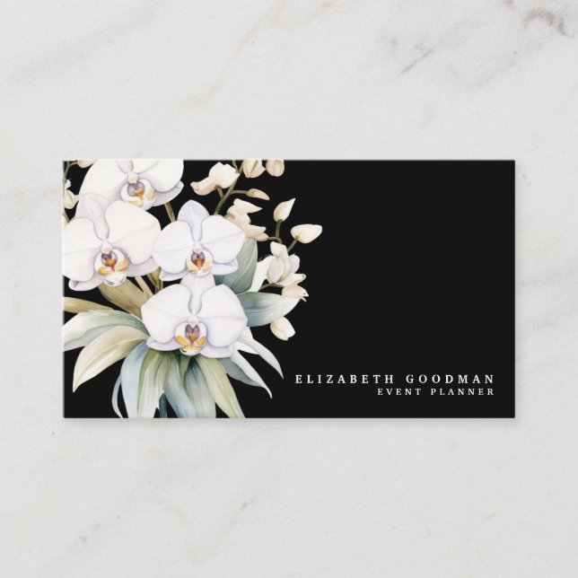 Tarjetas de presentación negras con orquídeas blan (Anverso)