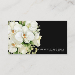 Tarjetas de presentación negras con orquídeas blan