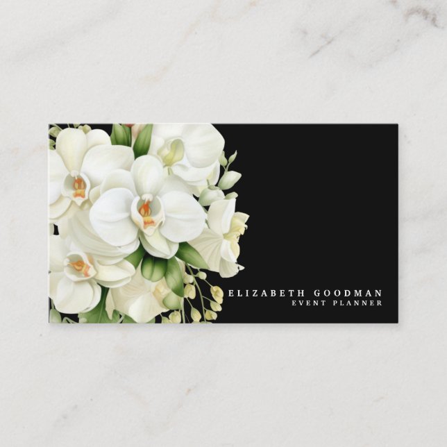 Tarjetas de presentación negras con orquídeas blan (Anverso)