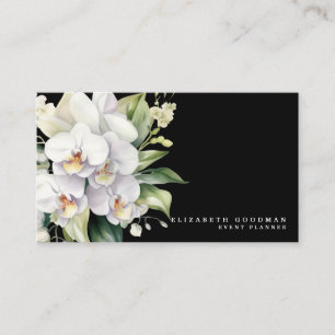 Tarjetas de presentación negras con orquídeas blan