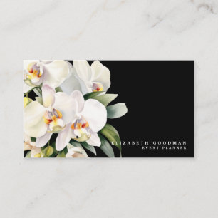 Tarjetas de presentación negras con orquídeas blan