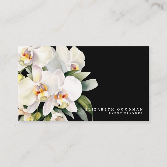 Tarjetas de presentación negras con orquídeas blan (Anverso)