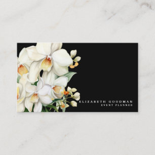 Tarjetas de presentación negras con orquídeas blan